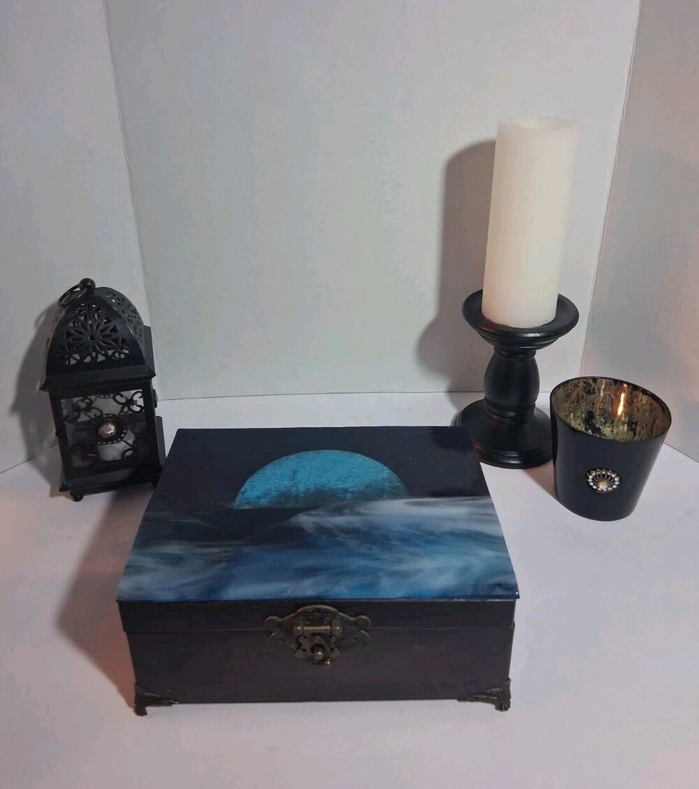 Handcrafted Wood Keepsake Box Ocean/Moon Resin Art; Unique Jewelry, Keepsake Box